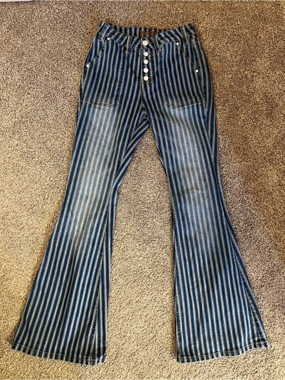 Rock & Roll Denim High Rise Flare Jeans 26x32 Stripe Button Fly Western Bell